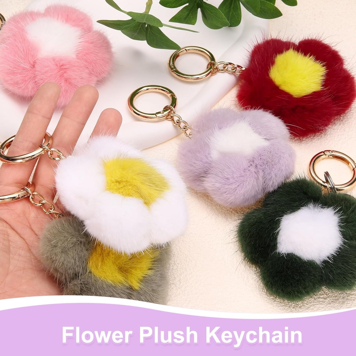 Flower Plush Keychain, Mink Fur Pom Flower Shape Purse Charm, Rex Floral Petal Pendant