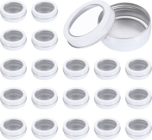 2 Oz Tin Cans, 24 Pcs Aluminum Round Tins, Travel Sized Small Metal Tins Cosmetic Sample Containers with Clear Lid for Lotion Bars Beard Balms Candles, White
