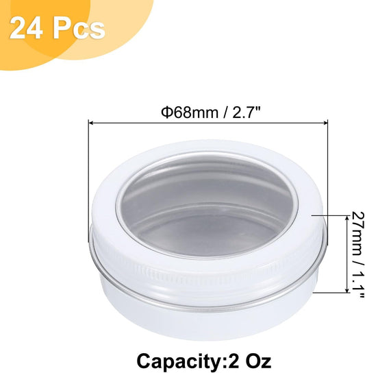 2 Oz Tin Cans, 24 Pcs Aluminum Round Tins, Travel Sized Small Metal Tins Cosmetic Sample Containers with Clear Lid for Lotion Bars Beard Balms Candles, White