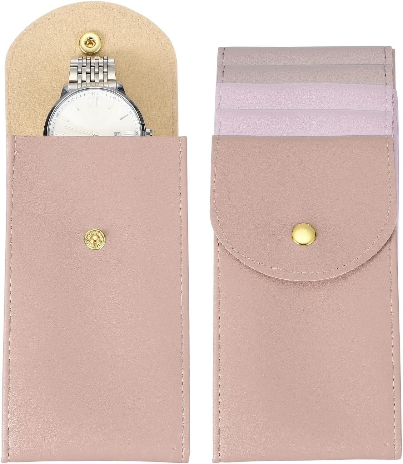 6 Pcs Leather Watch Pouch, 5.1 x 2.8 Portable Travel Case Jewelry Storage Bag for Travel, Single Watch Storage Pouch for Men and Women with Snap Button, Dark Pink/Pink/Purple