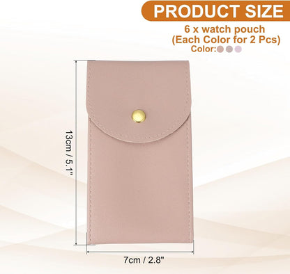 6 Pcs Leather Watch Pouch, 5.1 x 2.8 Portable Travel Case Jewelry Storage Bag for Travel, Single Watch Storage Pouch for Men and Women with Snap Button, Dark Pink/Pink/Purple