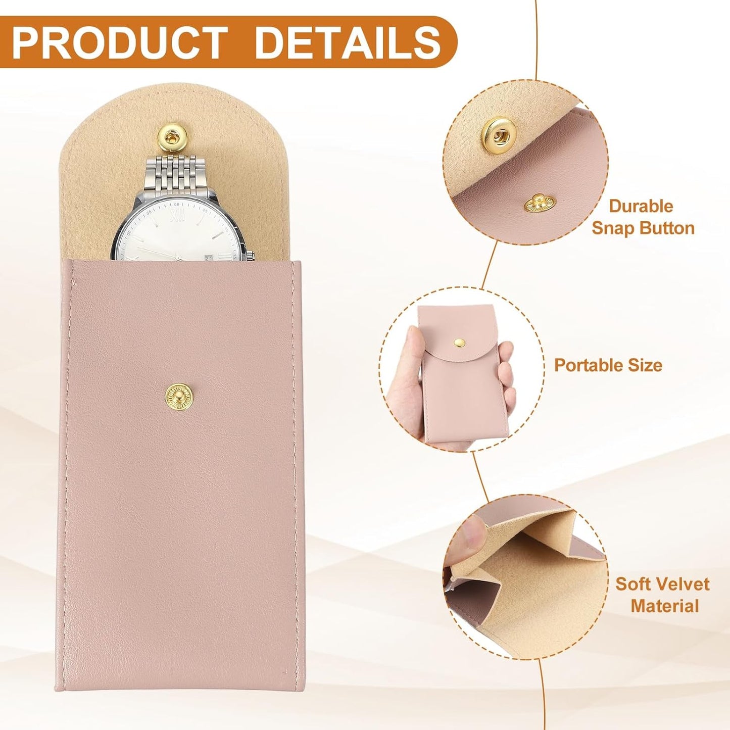 6 Pcs Leather Watch Pouch, 5.1 x 2.8 Portable Travel Case Jewelry Storage Bag for Travel, Single Watch Storage Pouch for Men and Women with Snap Button, Dark Pink/Pink/Purple