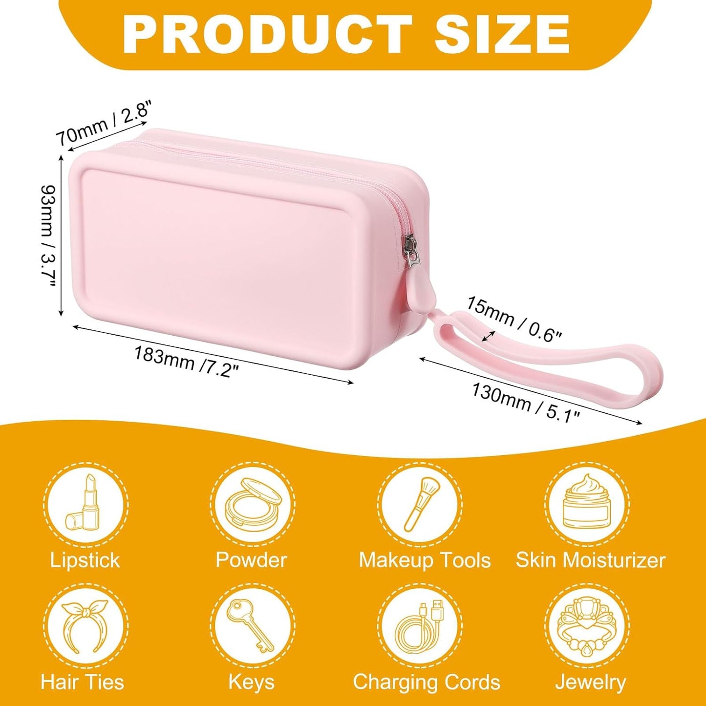 Silicone Makeup Bag, 7 Inch Square Cosmetic Bag Waterproof Makeup Pouch Travel Toiletry Organizers for Women (Large, Pink)