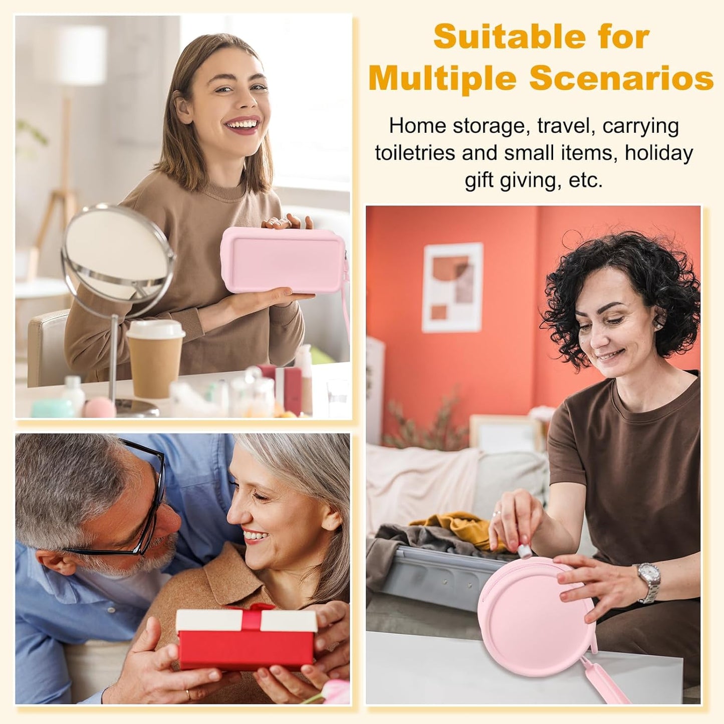 Silicone Makeup Bag, 7 Inch Square Cosmetic Bag Waterproof Makeup Pouch Travel Toiletry Organizers for Women (Large, Pink)
