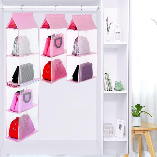 Closet Purse Organizer, Hanging Handbag Organizer with 4 Heavy-Duty Mesh Shelves Closet Purse Storage Bag (Pink)