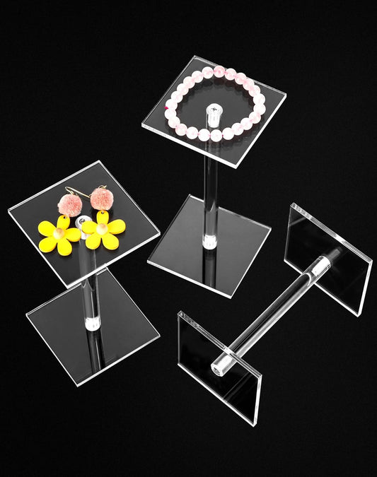 Square Acrylic Display Stand, 2 Sets of 3 Each Acrylic Jewelry Display Stand, T-Shape Display Rack for Watches Earring Necklace Bracelet, 4.8"/5.4"/6.5" Height