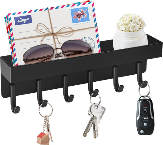 Magnetic Key Holder Wall Mount, Compact Metal Key Rack with Tray, 6 Hooks, 2 Mount Options, Black.
