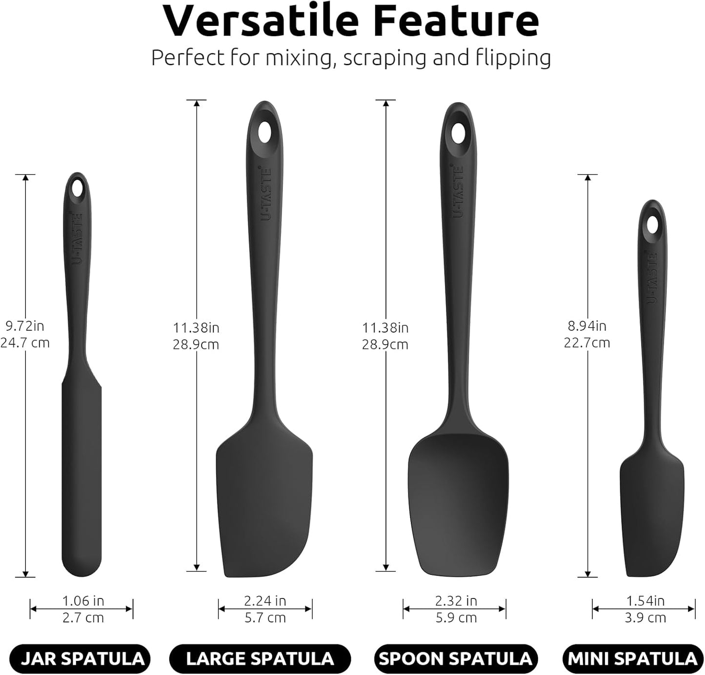 Silicone Spatula Set with 600 Degrees Fahrenheit Heat Resistant (Black)