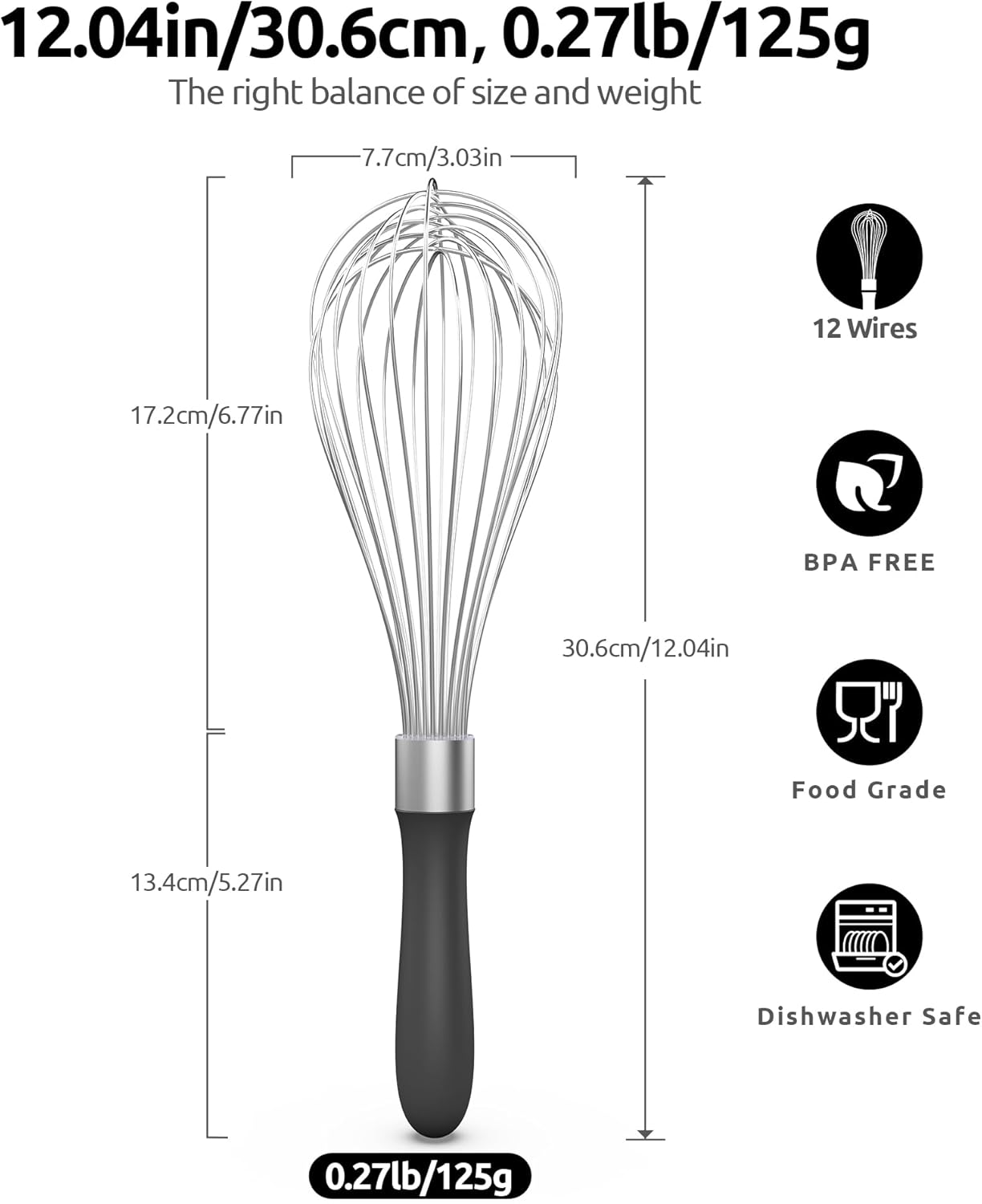 Balloon Whisk for Cooking: 18/10 Stainless Steel Kitchen Wire Whisk, 12in Large Heavy Duty Egg Beater, Manual Mixing Tool with 12 High Flex Wires for Stirring, Blending Sauce (Black)