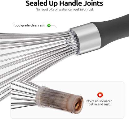 Balloon Whisk for Cooking: 18/10 Stainless Steel Kitchen Wire Whisk, 12in Large Heavy Duty Egg Beater, Manual Mixing Tool with 12 High Flex Wires for Stirring, Blending Sauce (Black)