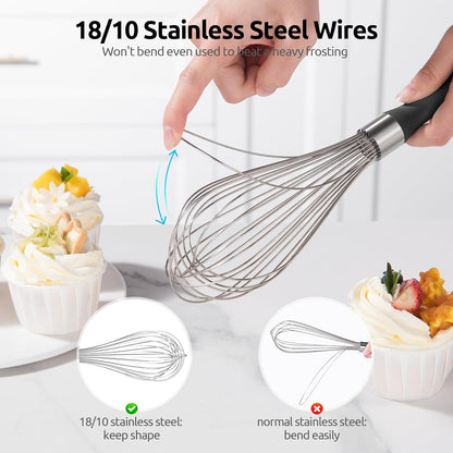 Balloon Whisk for Cooking: 18/10 Stainless Steel Kitchen Wire Whisk, 12in Large Heavy Duty Egg Beater, Manual Mixing Tool with 12 High Flex Wires for Stirring, Blending Sauce (Black)