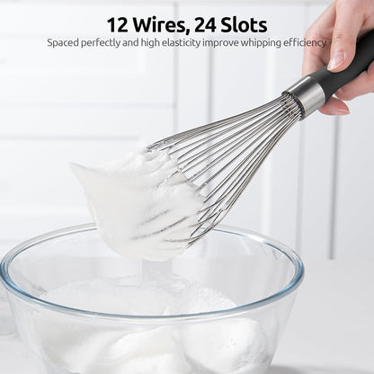 Balloon Whisk for Cooking: 18/10 Stainless Steel Kitchen Wire Whisk, 12in Large Heavy Duty Egg Beater, Manual Mixing Tool with 12 High Flex Wires for Stirring, Blending Sauce (Black)