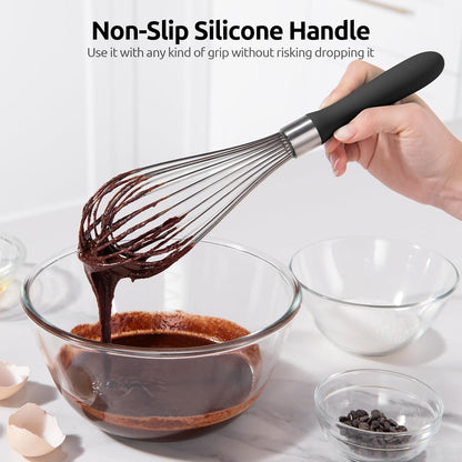 Balloon Whisk for Cooking: 18/10 Stainless Steel Kitchen Wire Whisk, 12in Large Heavy Duty Egg Beater, Manual Mixing Tool with 12 High Flex Wires for Stirring, Blending Sauce (Black)