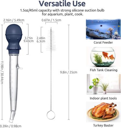 Aquarium Pipette Cleaner: 1.5oz Coral Feeder for Fish Tank Cleaning, Manual Feeding Tube, Food Grade Siphon Dropper, Waste Remover with Strong Suction & Stand & Brush (11.98in, Midnight Blue)