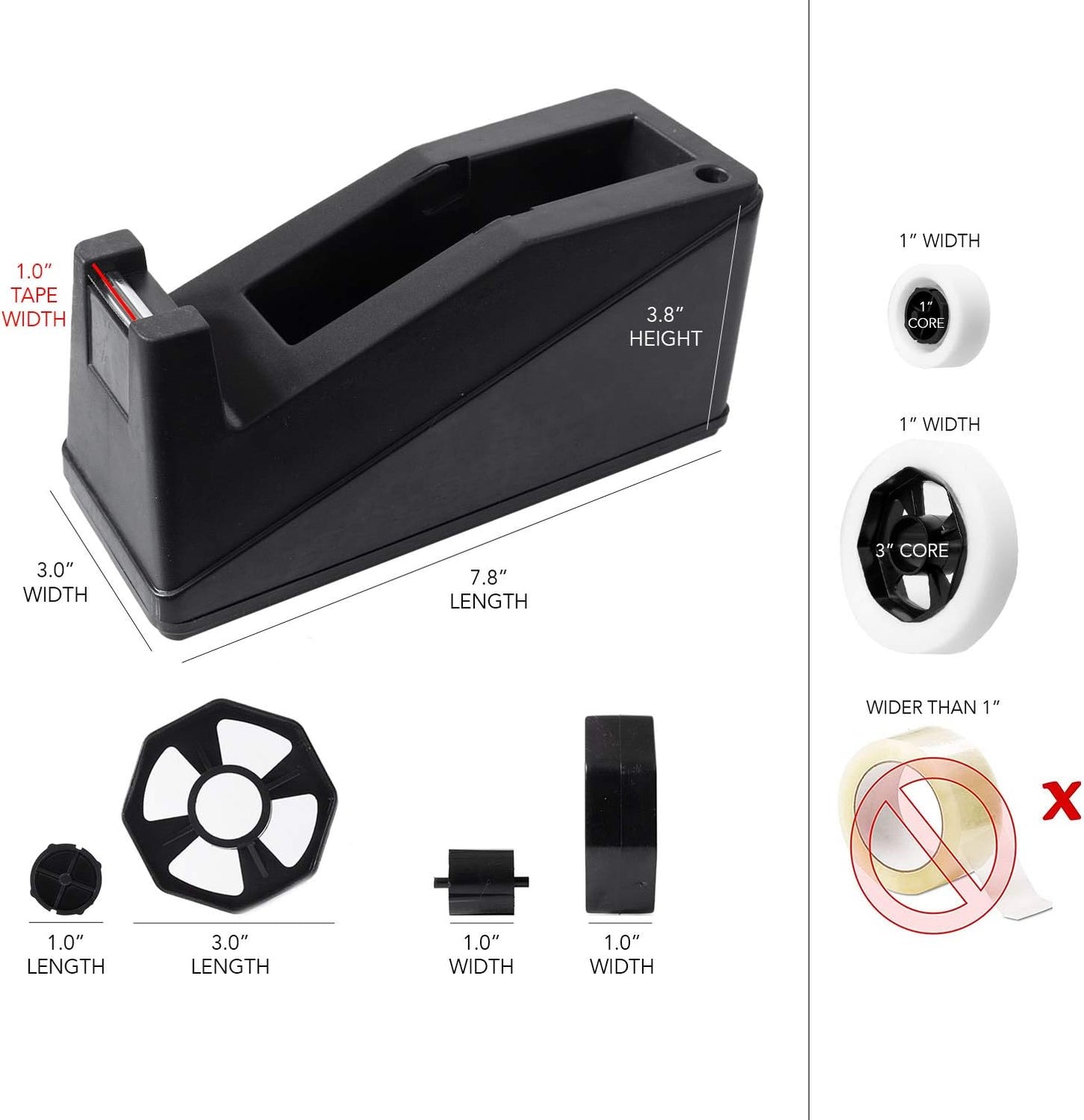 Desktop Tape Dispenser Adhesive Roll Holder (Fits 1" & 3" Core) Heavy Duty Premium for Office, Home, School, Library, Crafts, Moving, Giftwrapping with Weighted Nonskid Base, Black