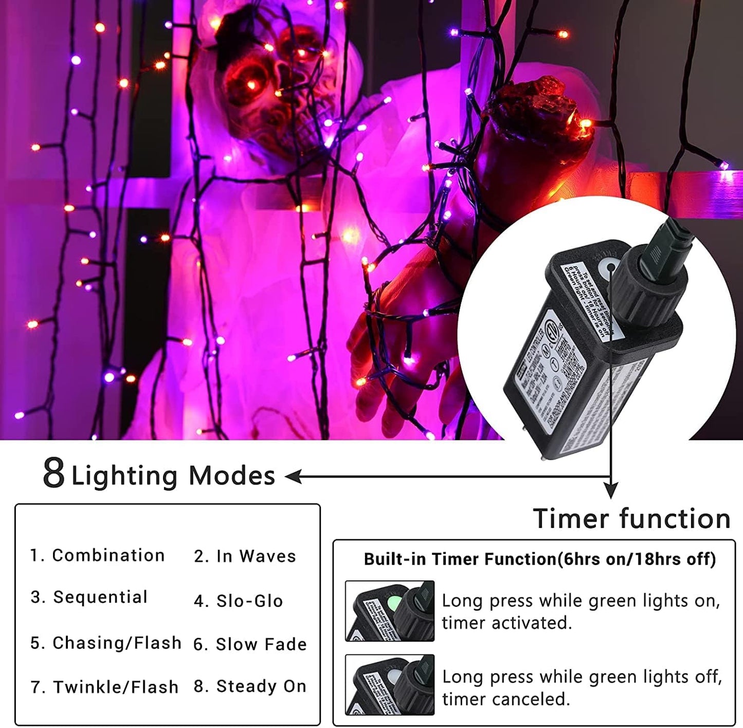 Orange and Purple Halloween Lights, 82ft 200 LED Connectable Halloween String Lights with 8 Modes, Waterproof Plug in Orange Purple String Light for Party, Garden, Indoor Outdoor Spooky Decorations