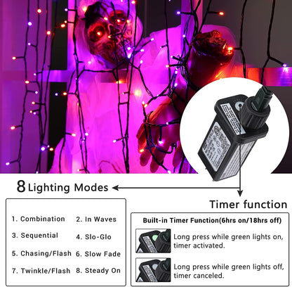 Orange and Purple Halloween Lights, 82ft 200 LED Connectable Halloween String Lights with 8 Modes, Waterproof Plug in Orange Purple String Light for Party, Garden, Indoor Outdoor Spooky Decorations