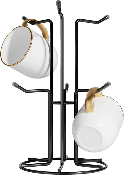 Mug Tree for Large Cups, Counter Coffee Mug Holder with 6 Hooks, Metal Coffee Cup Holder Tree, Standing Rack for Countertop, Kitchen Counter Decor, Black