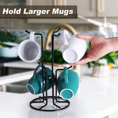 Mug Tree for Large Cups, Counter Coffee Mug Holder with 6 Hooks, Metal Coffee Cup Holder Tree, Standing Rack for Countertop, Kitchen Counter Decor, Black