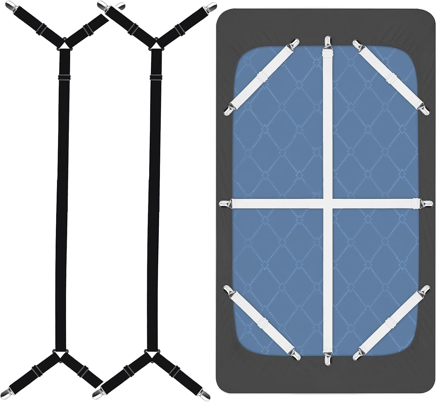 Bed Sheet Straps, 8+2 Pieces Heavy Duty Elastic Sheet Holders Suspenders of Mattresses, Short+ Long, White & Black