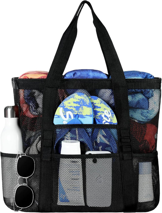 Mesh Beach Bag - Large Beach Tote with Multi Functional Pockets for Family Travel/Vacation.