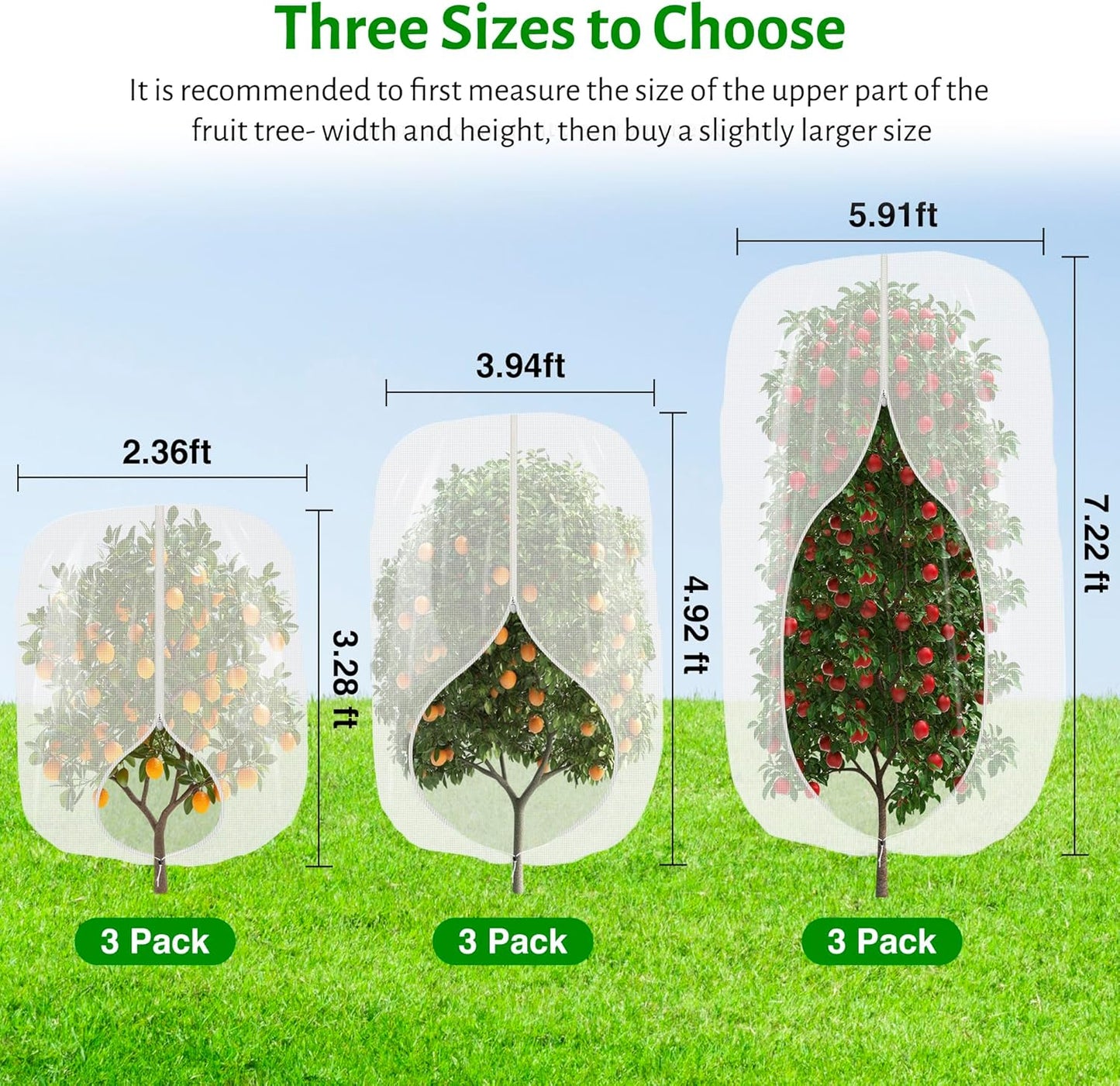3pcs Fruit Tree Netting with Zipper and Drawstring,2.62 * 3.28 Ft Bird Garden Netting for Garden Protection,Cover for Blueberry Tomato Strawberry and Plants Protection from Insect Squirrels Birds