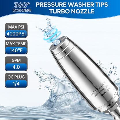 Stainless Steel Pressure Washer Tips Turbo Nozzle 4000 PSI Pressure Washer Rotating Turbo Nozzle, 360° Rotating Pressure Washer Nozzle with 1/4'' Quick Connect, 4.0 GPM 4.0 Orifice
