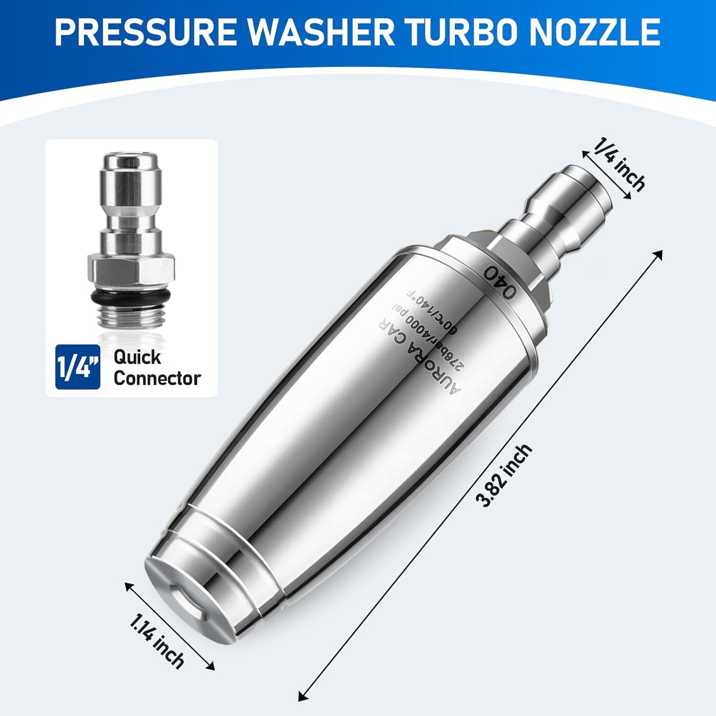 Stainless Steel Pressure Washer Tips Turbo Nozzle 4000 PSI Pressure Washer Rotating Turbo Nozzle, 360° Rotating Pressure Washer Nozzle with 1/4'' Quick Connect, 4.0 GPM 4.0 Orifice