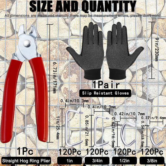 480Pcs 3/4" 1/2" 3/8" 1" Galvanized Hog Rings with Straight Hog Ring Pliers Assortment, Professional Upholstery Hog Rings Installation Kit for Bungee Shock, Cords, Animal Pet Cages, Bagging