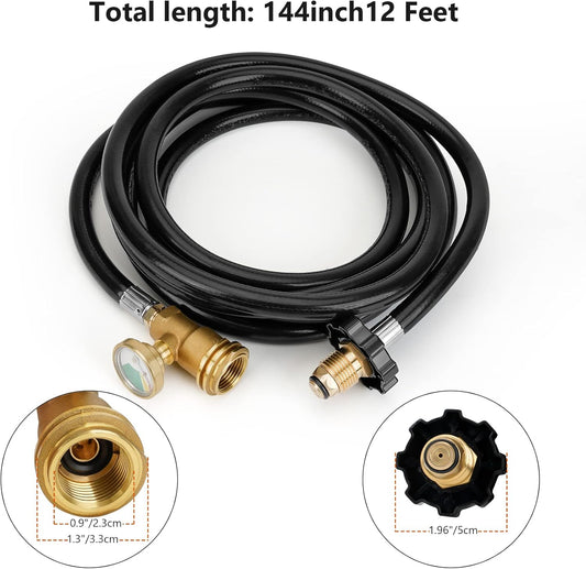 12 FT Propane Extension Hose with Gauge - Leak Detector Replacement for Propane Appliances,Standard P.O.L.