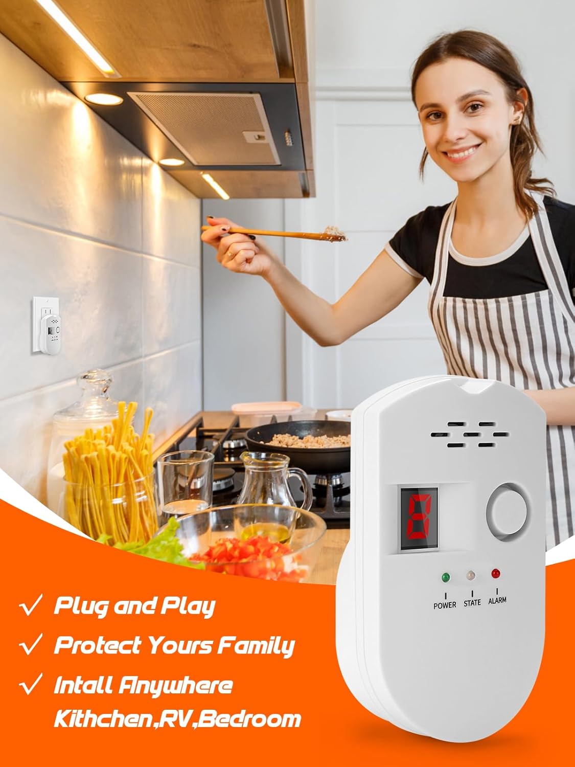 Natural Gas Leak Detector, Plug-in Propane Natural Gas Detector for Home Kitchen RV, Combustible & Explosive Gas Alarm for LPG, LNG, Methane (AC Power)