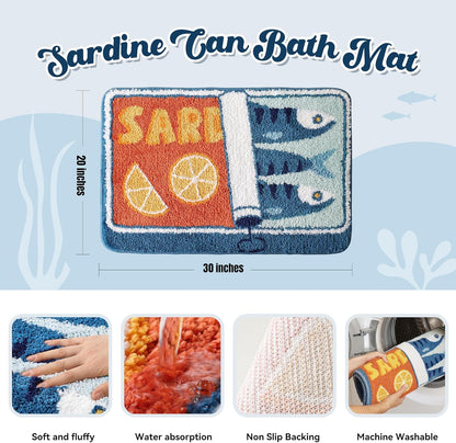 Sardine Can Bath Mat, Blue Bathroom Rugs for Bedroom, Soft Washable Rug Non Slip Cute Kitchen Bath Mats for Bathroom Funny Cartoon Fish and Lemon