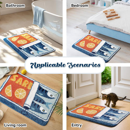 Sardine Can Bath Mat, Blue Bathroom Rugs for Bedroom, Soft Washable Rug Non Slip Cute Kitchen Bath Mats for Bathroom Funny Cartoon Fish and Lemon