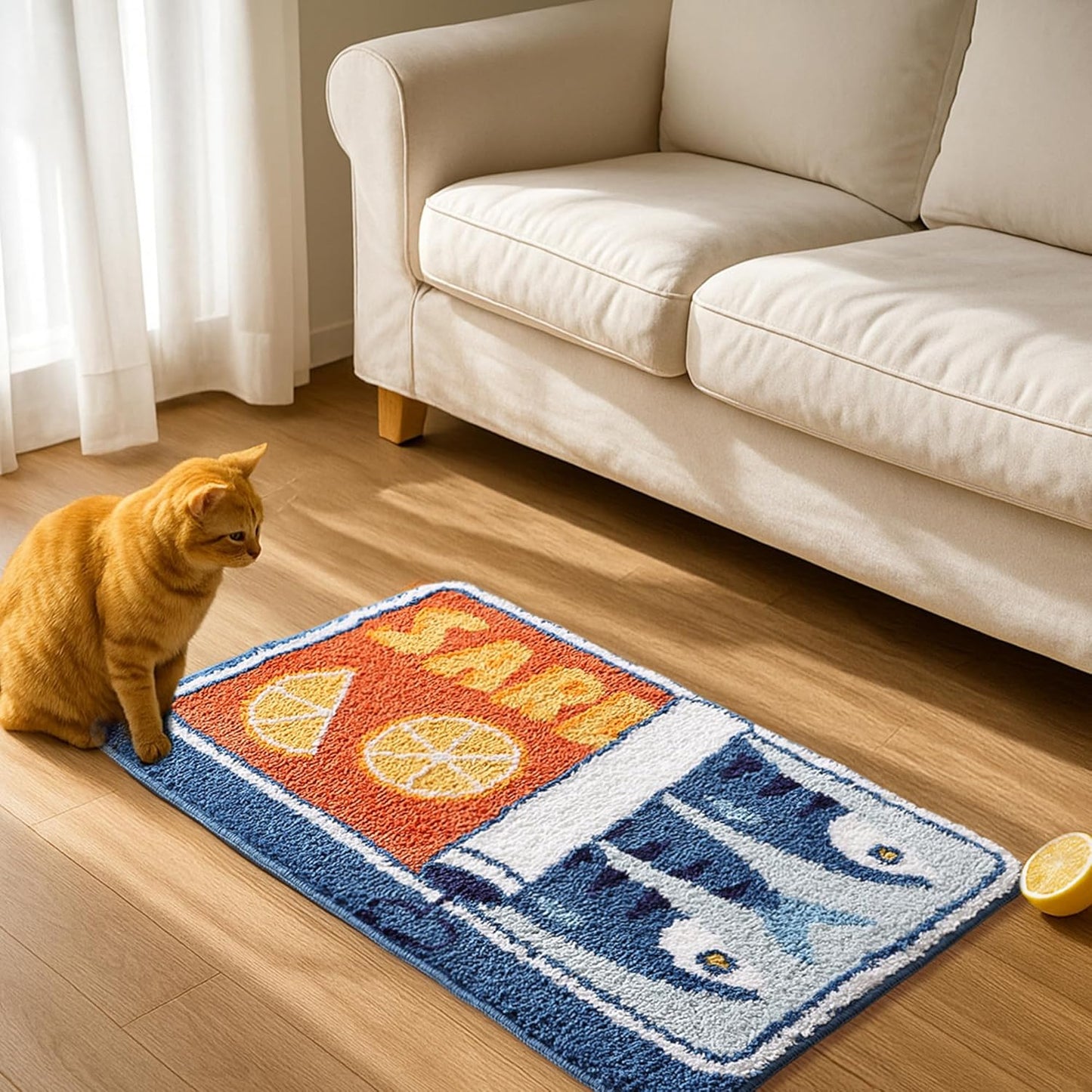 Sardine Can Bath Mat, Blue Bathroom Rugs for Bedroom, Soft Washable Rug Non Slip Cute Kitchen Bath Mats for Bathroom Funny Cartoon Fish and Lemon