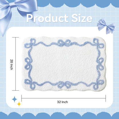 Blue Scalloped Bath Mat - Cute Bow Bathroom Rugs Small Non Slip Bath Mat, Soft & Absorbent Bath Rugs for Bathroom Decor, Tub, Vanity Floor