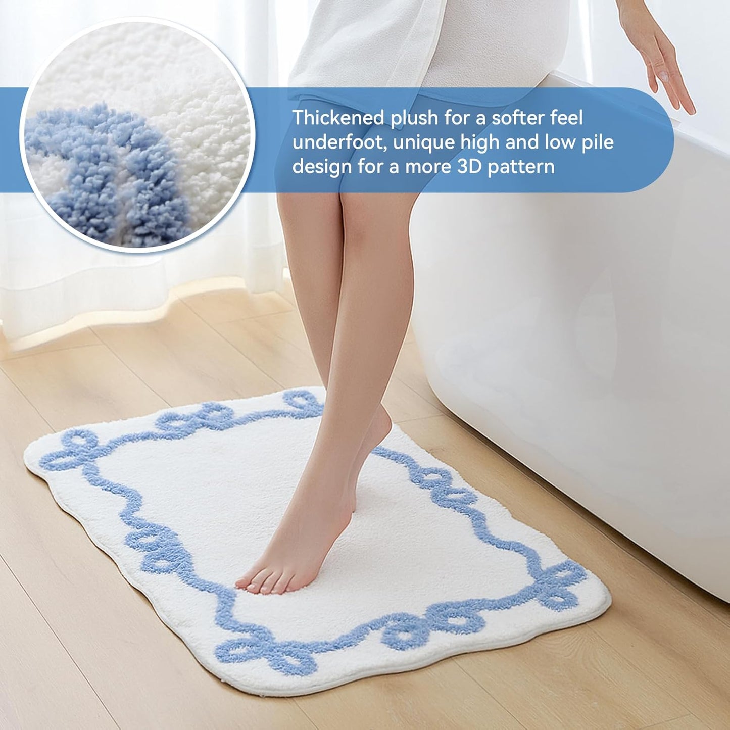 Blue Scalloped Bath Mat - Cute Bow Bathroom Rugs Small Non Slip Bath Mat, Soft & Absorbent Bath Rugs for Bathroom Decor, Tub, Vanity Floor