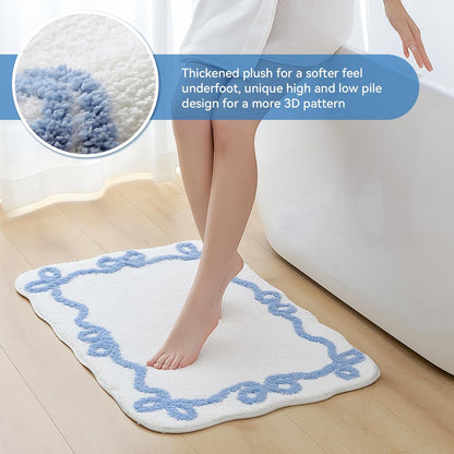 Blue Scalloped Bath Mat - Cute Bow Bathroom Rugs Small Non Slip Bath Mat, Soft & Absorbent Bath Rugs for Bathroom Decor, Tub, Vanity Floor