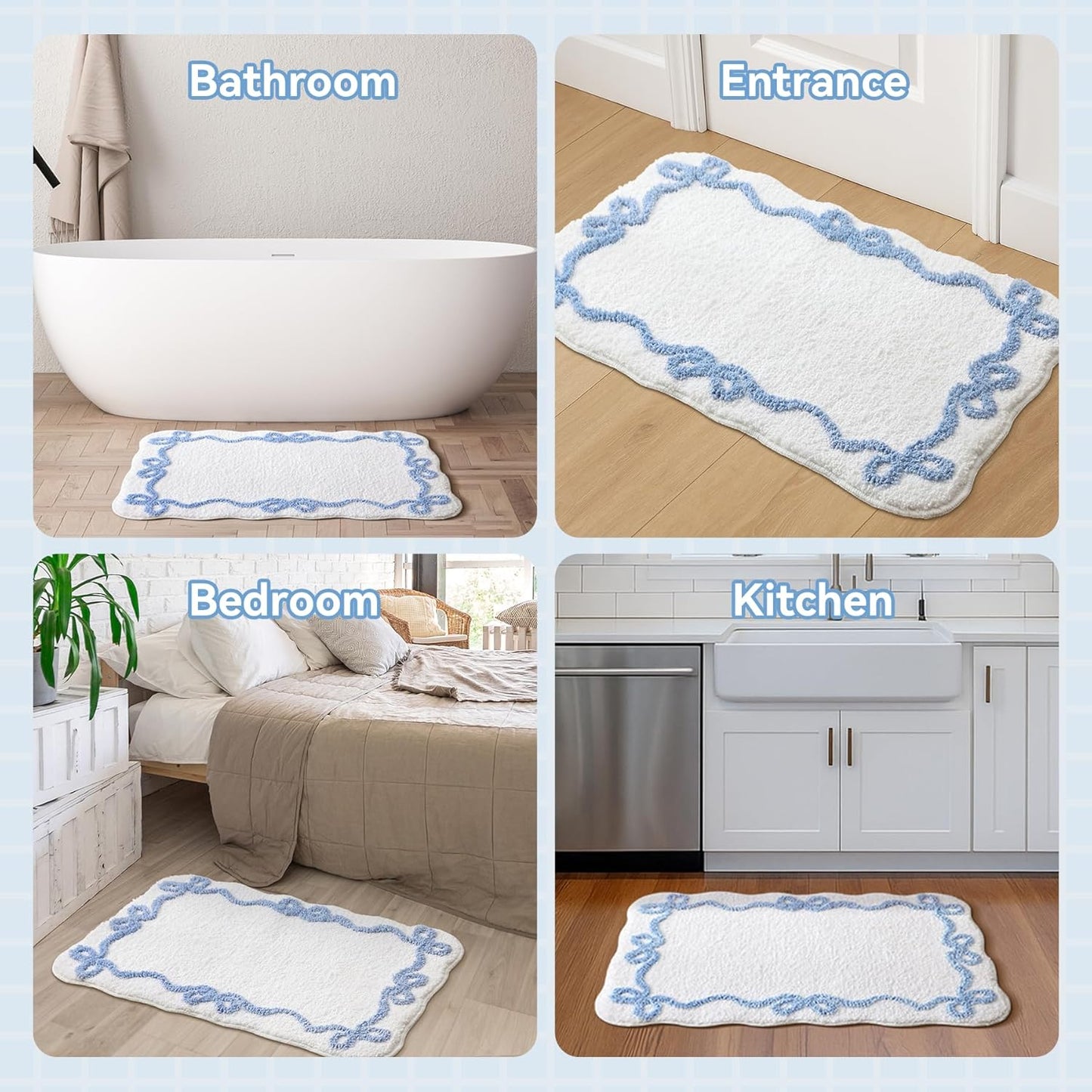 Blue Scalloped Bath Mat - Cute Bow Bathroom Rugs Small Non Slip Bath Mat, Soft & Absorbent Bath Rugs for Bathroom Decor, Tub, Vanity Floor