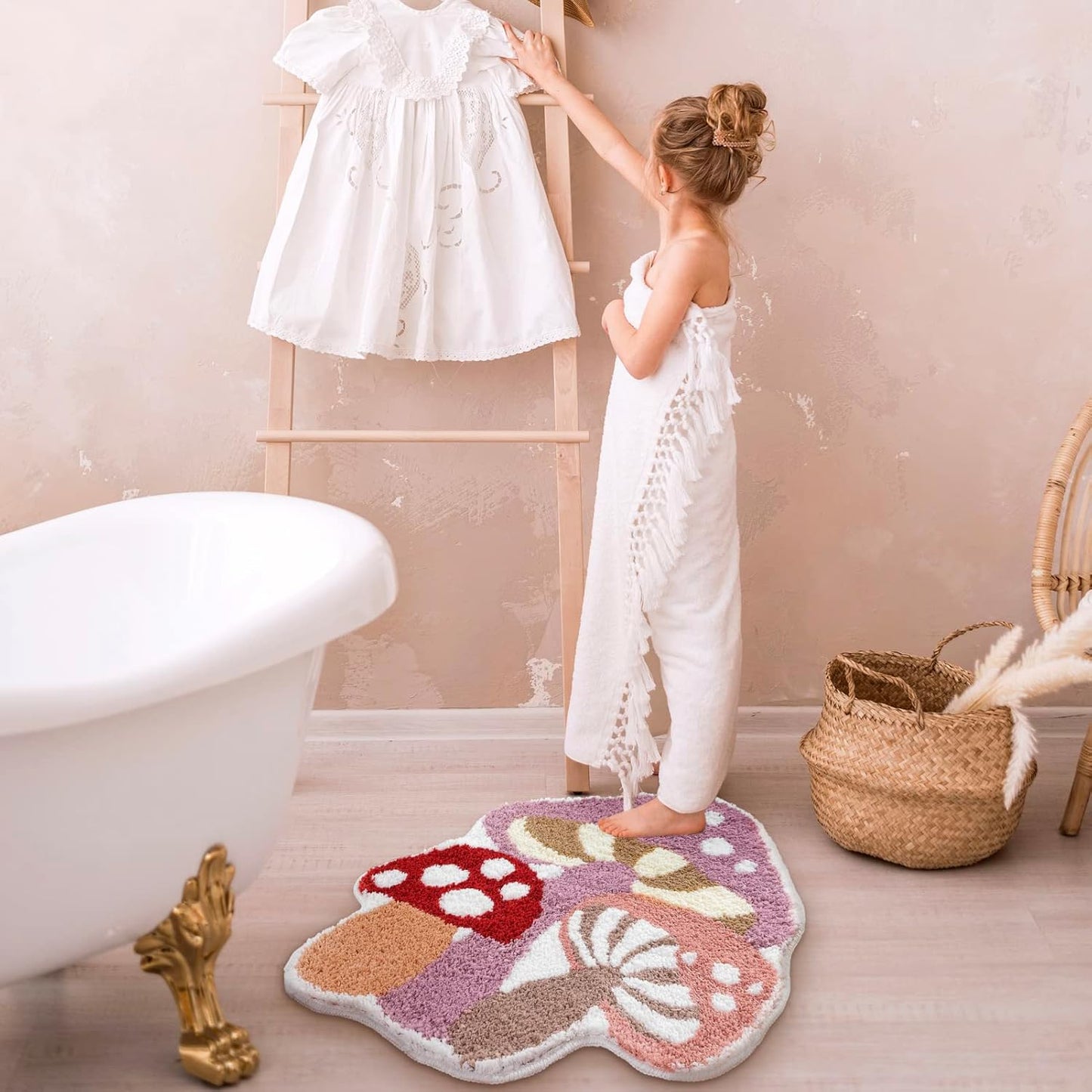 Cute Non Slip Kids Bath Mat - Strong Absorbent Soft Washable Purple Mushroom Boho Bath Rug for Tub, Shower & Bathroom