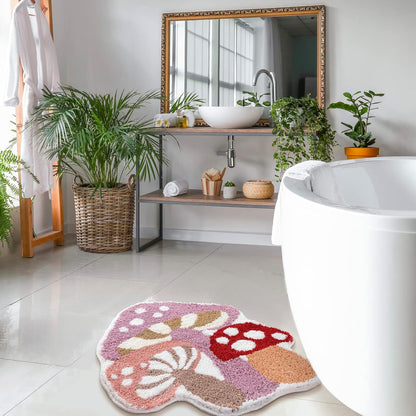 Cute Non Slip Kids Bath Mat - Strong Absorbent Soft Washable Purple Mushroom Boho Bath Rug for Tub, Shower & Bathroom