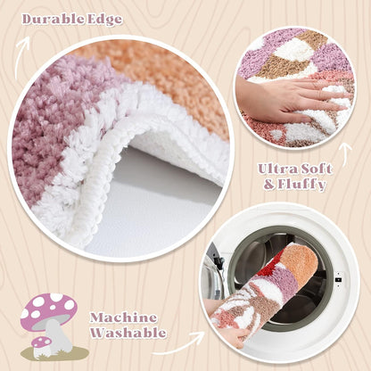 Cute Non Slip Kids Bath Mat - Strong Absorbent Soft Washable Purple Mushroom Boho Bath Rug for Tub, Shower & Bathroom