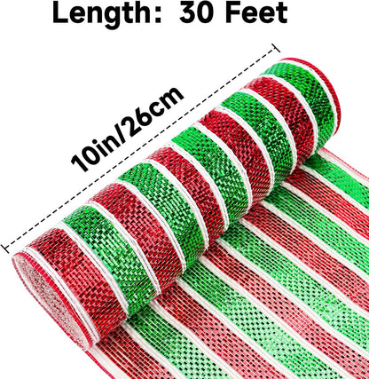 Red and Green Mesh Ribbon - 10 Inch Metallic Foil Stripe Decor for Christmas Tree, Wreaths, DIY Crafts, Valentine's Day