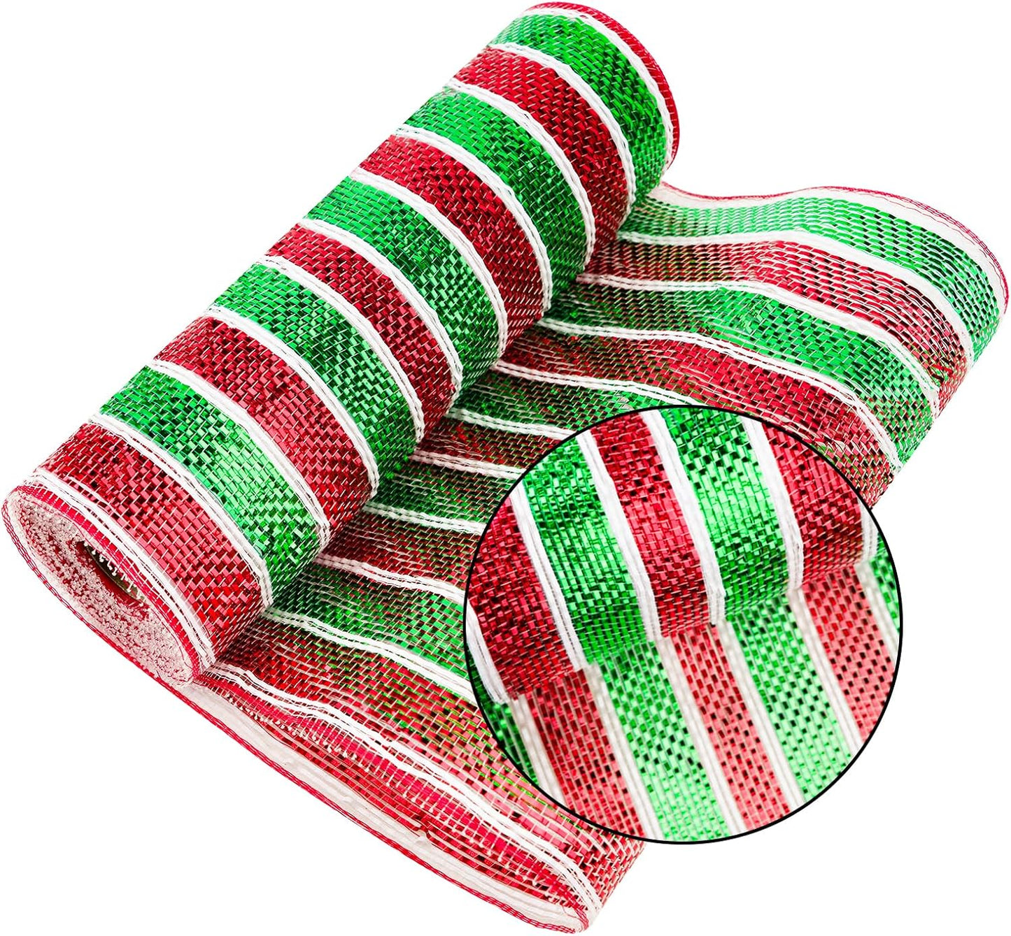Red and Green Mesh Ribbon - 10 Inch Metallic Foil Stripe Decor for Christmas Tree, Wreaths, DIY Crafts, Valentine's Day
