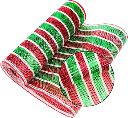 Red and Green Mesh Ribbon - 10 Inch Metallic Foil Stripe Decor for Christmas Tree, Wreaths, DIY Crafts, Valentine's Day