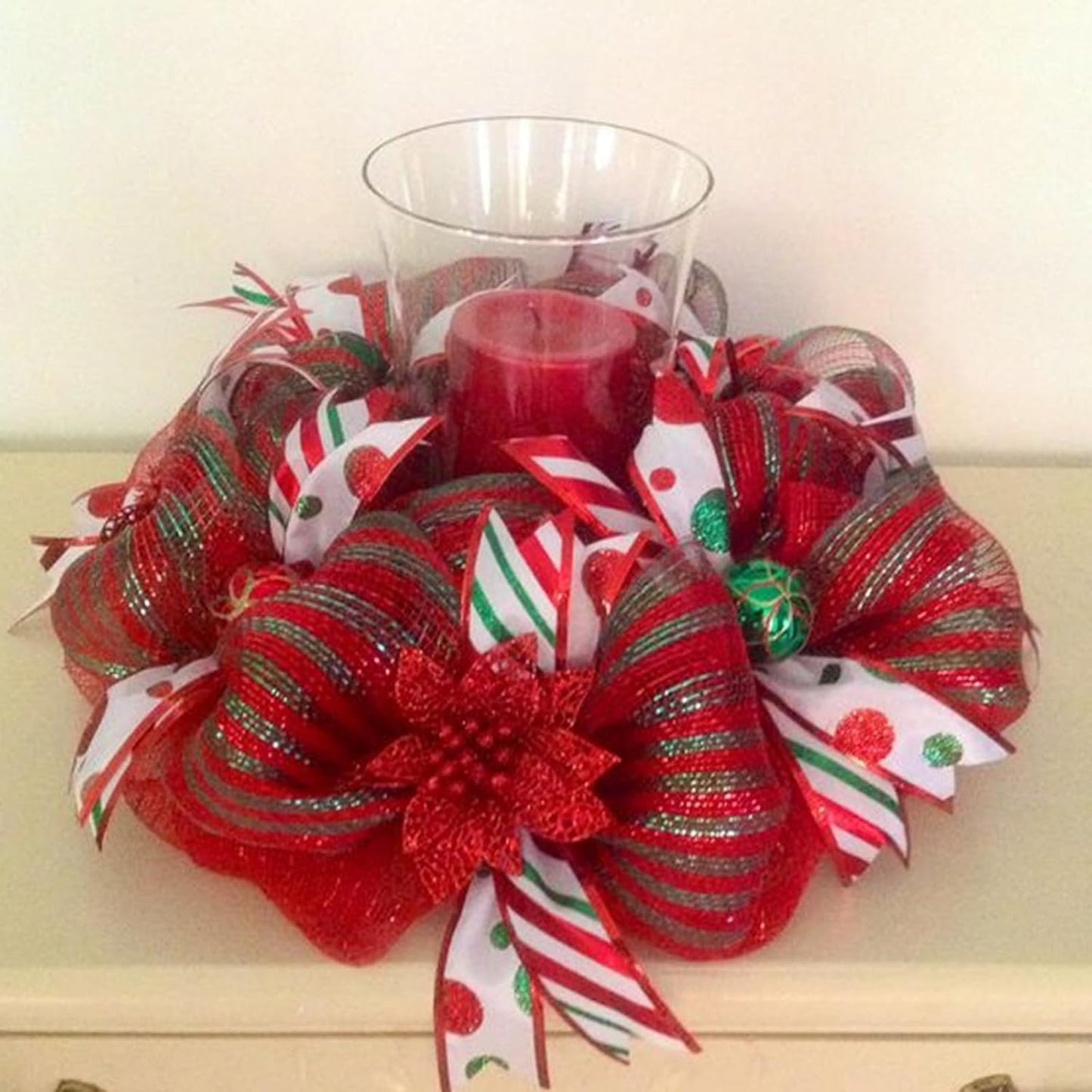 Red and Green Mesh Ribbon - 10 Inch Metallic Foil Stripe Decor for Christmas Tree, Wreaths, DIY Crafts, Valentine's Day