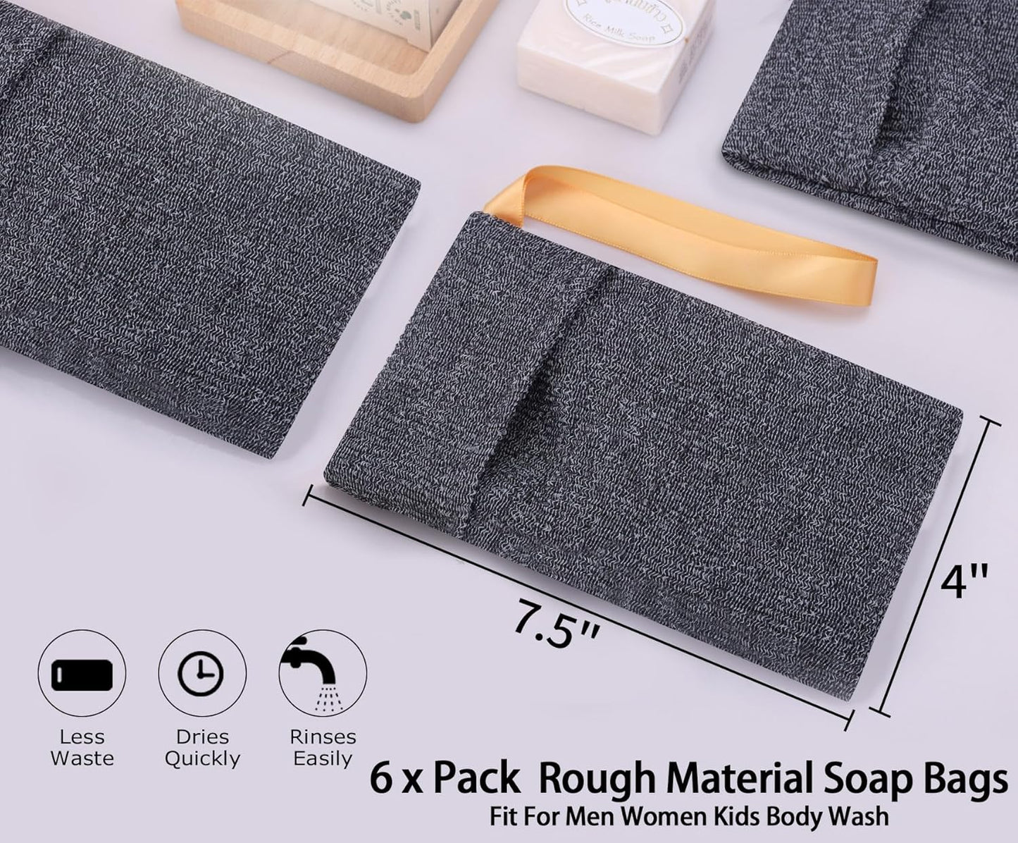 6-Pack Soap Pocket Exfoliating Soap Saver Pouch, Body Scrubber Rough Sponge Exfoliator for Bath or Shower, Gray Mesh Bar Soap Foam Lather Pouch.