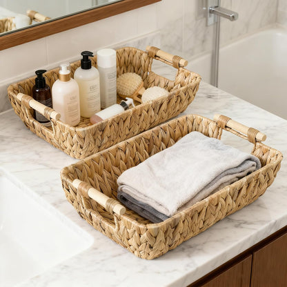 2 Pack Wicker Storage Baskets with Wooden Handles, Large Water Hyacinth Basket for Organizing Shelves, Natural Woven Storage Baskets for Snack, Gift