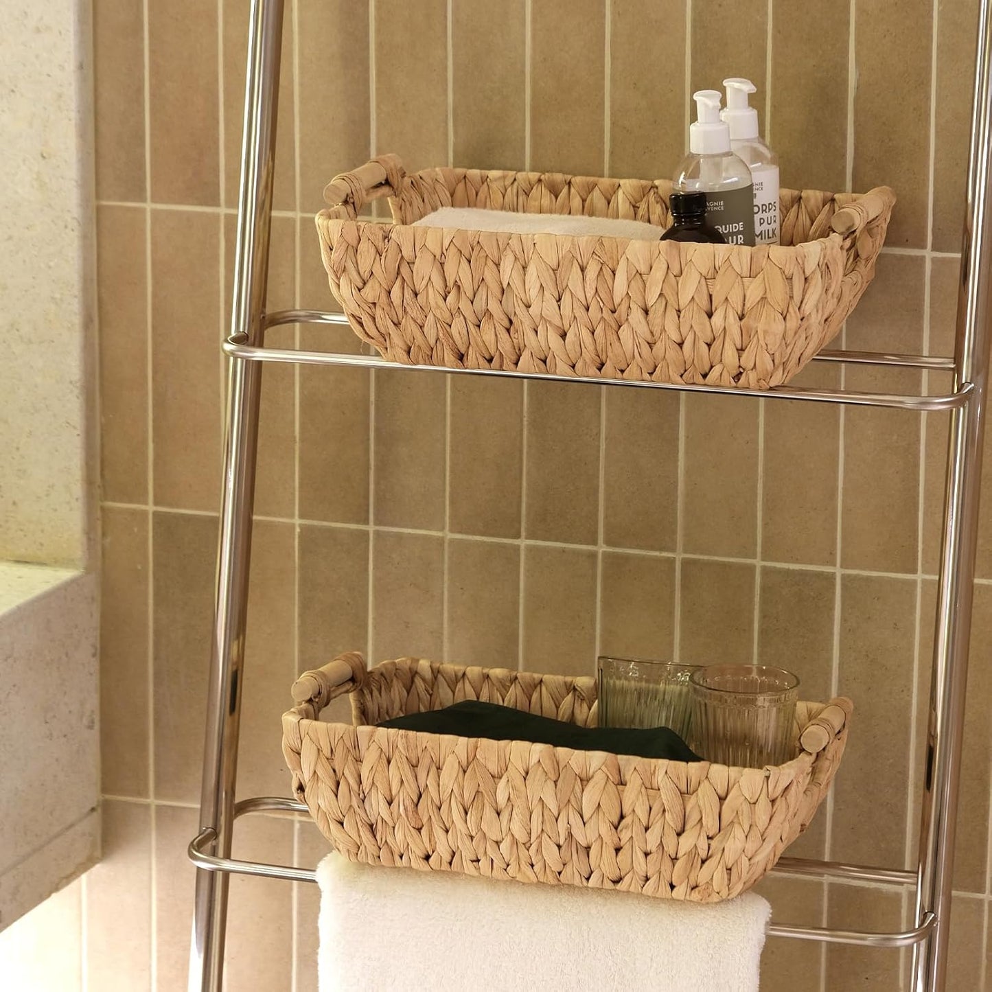 2 Pack Wicker Storage Baskets with Wooden Handles, Large Water Hyacinth Basket for Organizing Shelves, Natural Woven Storage Baskets for Snack, Gift