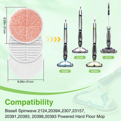8 Pack Mop Pads Replacement Compatible with Bissell Spinwave 2124, 2039A, 2307, 23157, 23159, 20393, 20399 Hard Floor Spin Mop, 2 Soft Pads, 4 Scrubby Pads, 2 Heavy Scrub Pads.