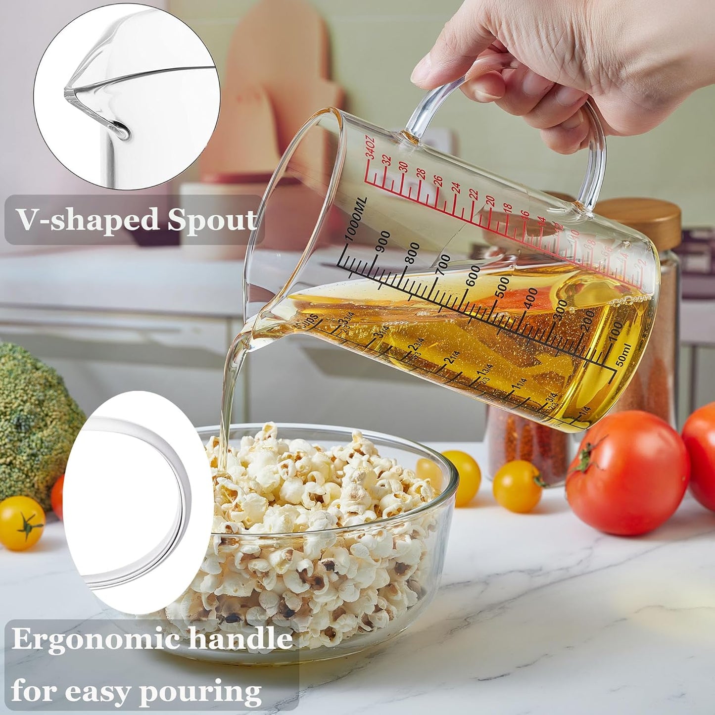 Glass Measuring Cup-[Insulated handle | V-Shaped Spout]-Made of High Borosilicate Glass Measuring Cup for Kitchen or Restaurant, Easy to Read, 1000 ML (32 Oz, 4 Cup)